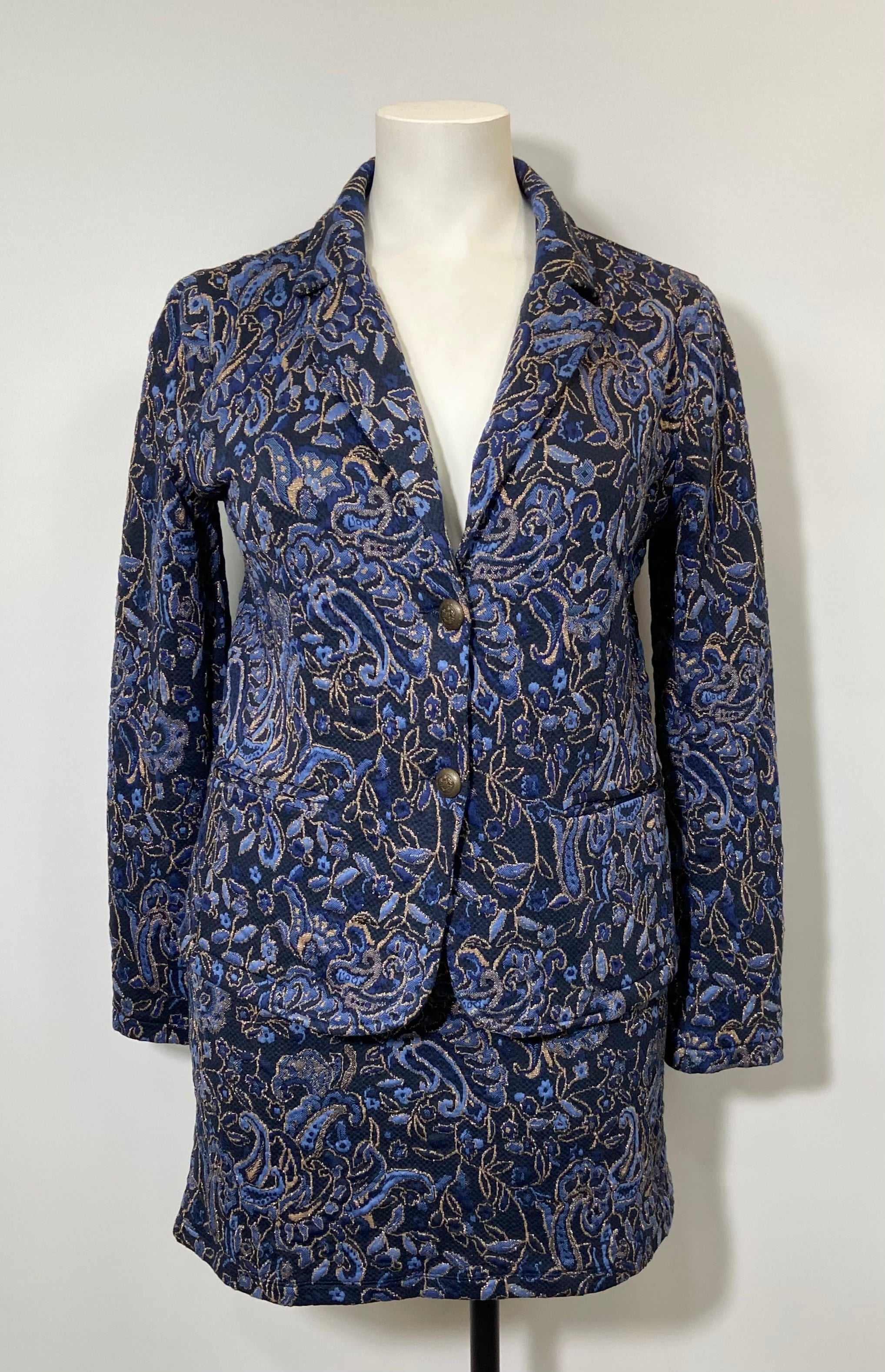 Jupe taille élastique fleurs bleues et dorées