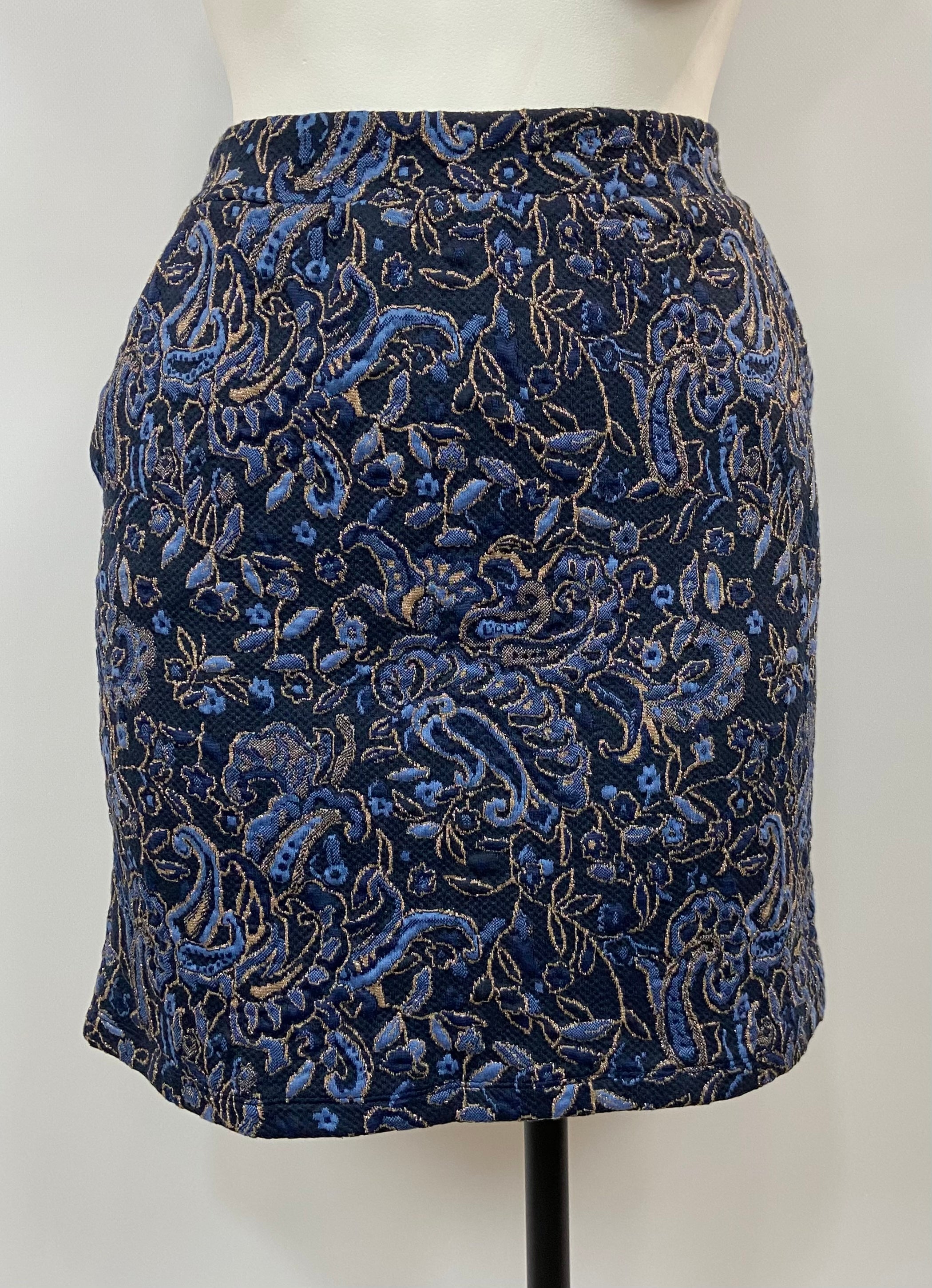 Jupe taille élastique fleurs bleues et dorées