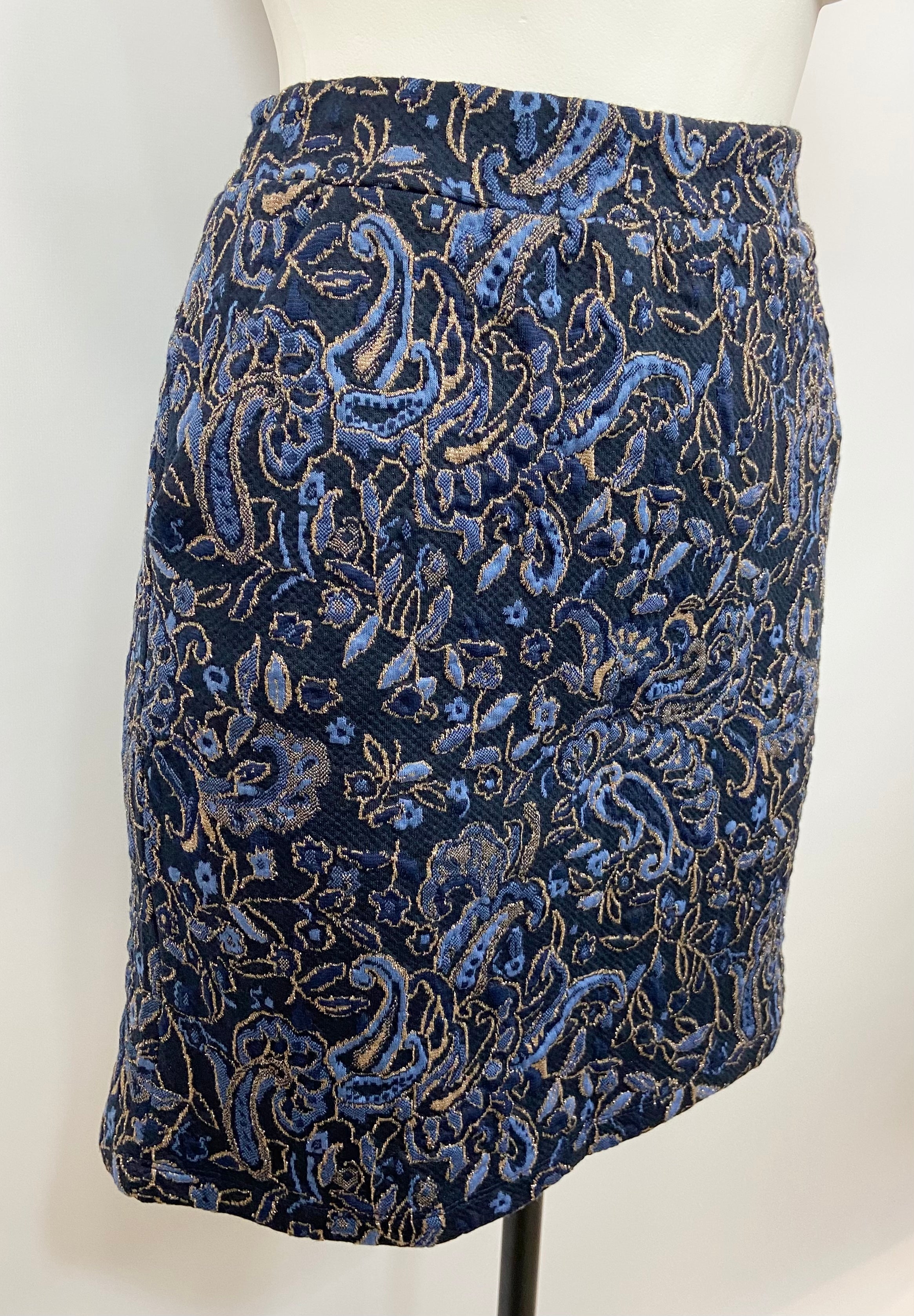 Jupe taille élastique fleurs bleues et dorées