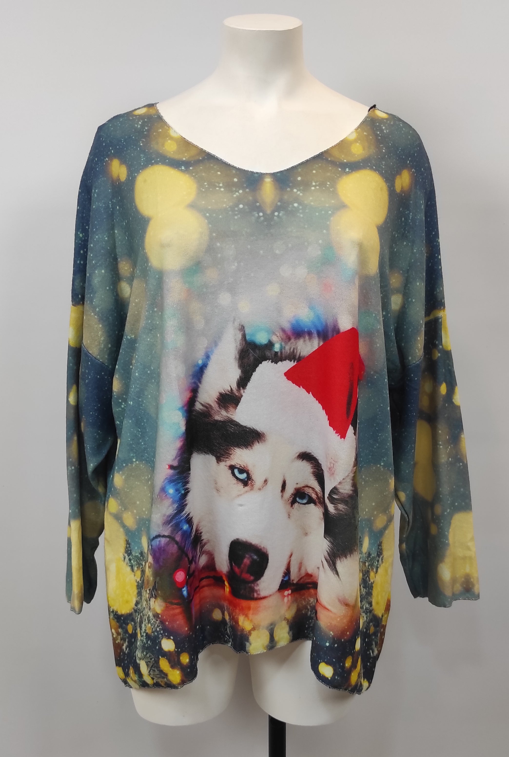 Pull imprimé Noël - Husky bonnet de Noël