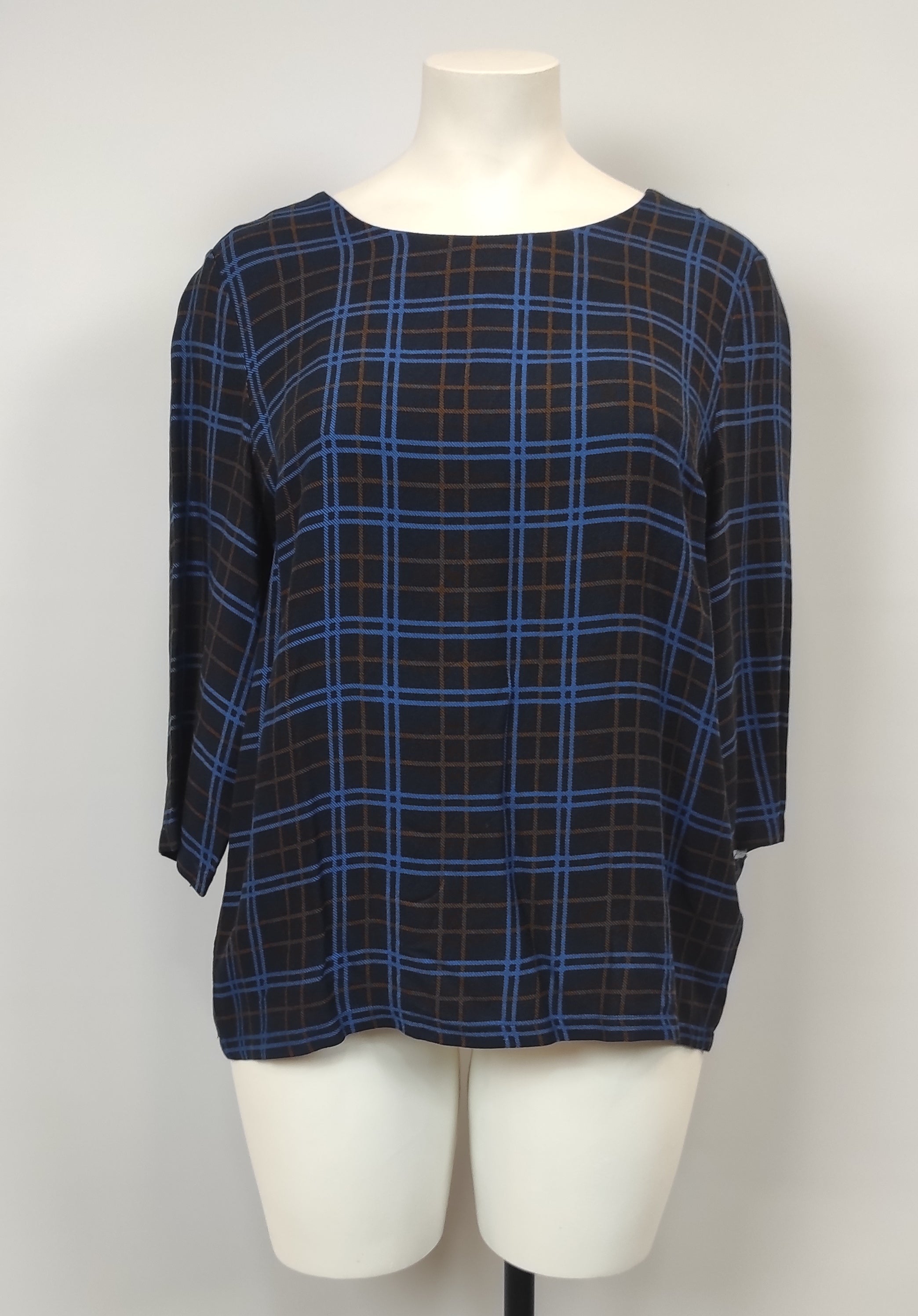 Tunique col rond bleu marine  carreaux bruns