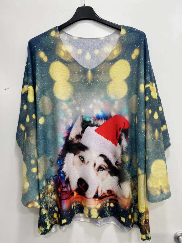 Pull imprimé Noël - Husky bonnet de Noël